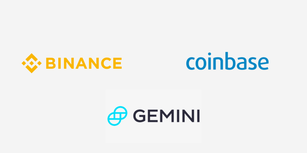 Binance, coinbase, gemini, logos for the three best cryptocurrency exchanges that are centralized