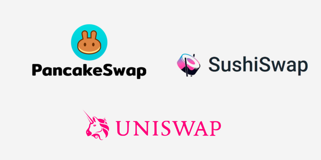logos for pancakeswap, sushiswap, and uniswap
