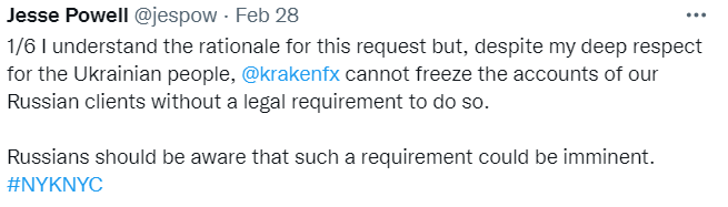 ukraine russian users cryptocurrency exchange Jesse powell tweet twitter freeze the accounts