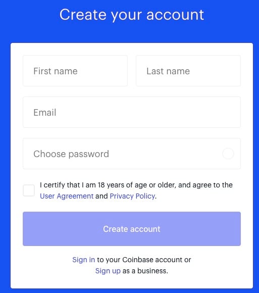 create an account Coinbase screenshot