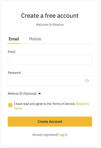 Binance create an account screenshot