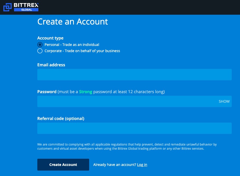 Bittrex Global create an account screenshot