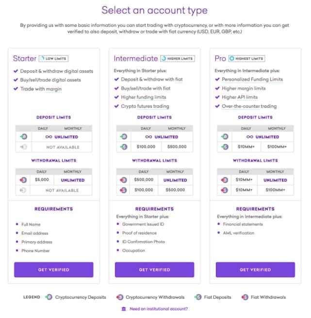 kraken account types screenshot
