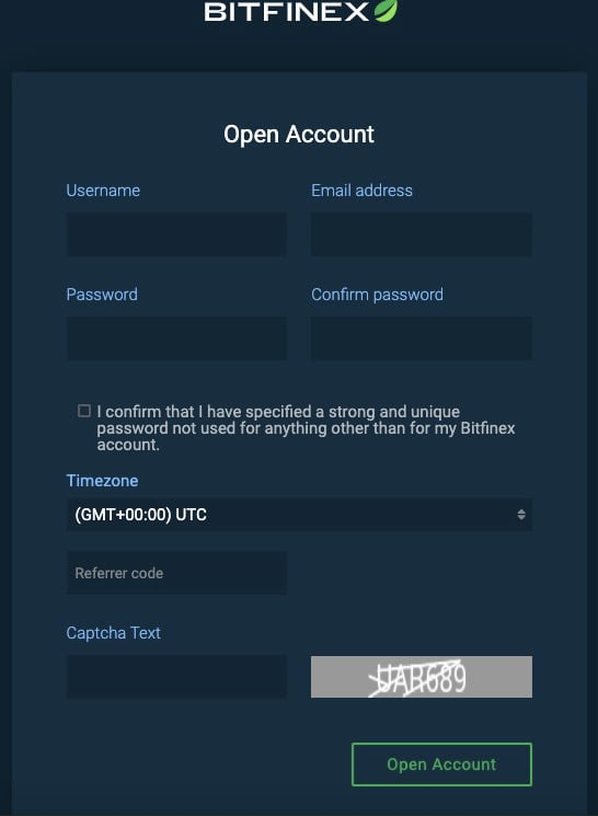 Bitfinex new account screen
