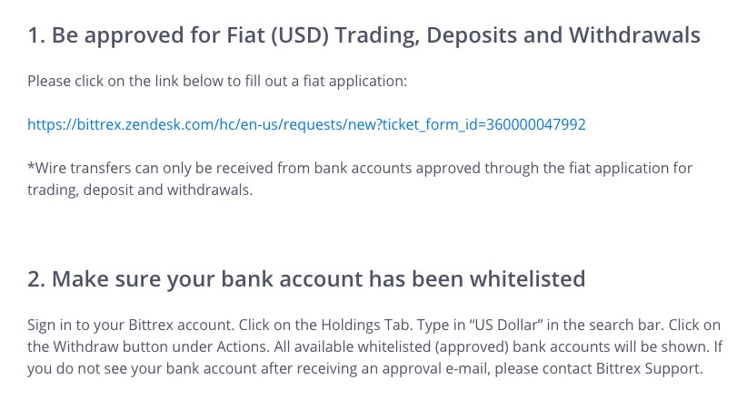 Bittrex USD customer fiat deposits screenshot