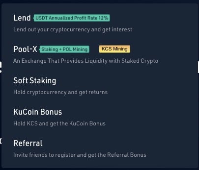 Kucoin community services screenshot lend staking referral bonus