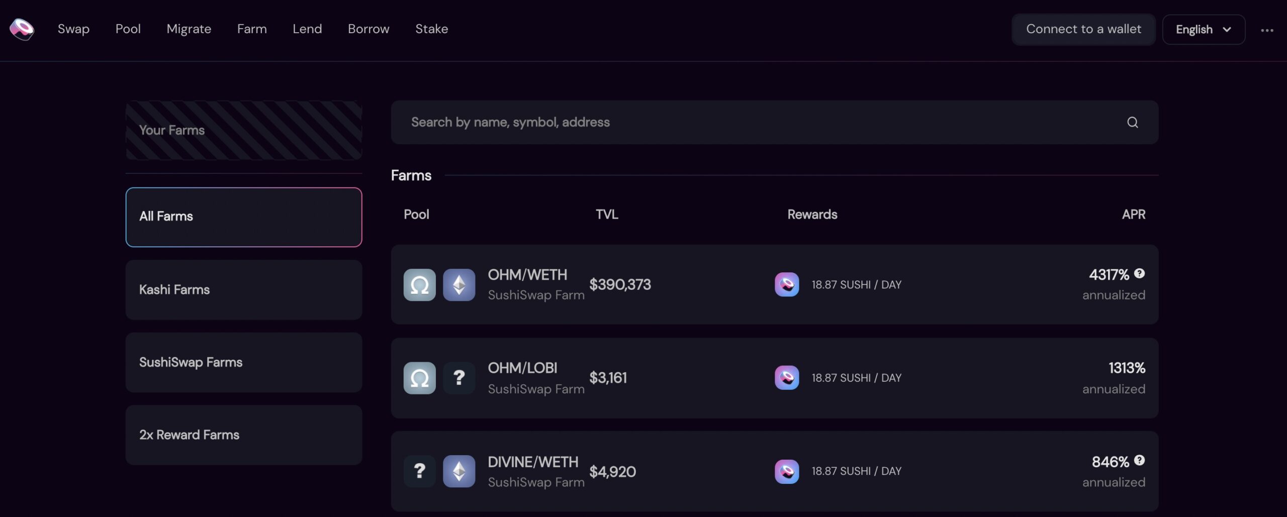 a screenshot from sushiswap displaying some defi yield farms and their APR