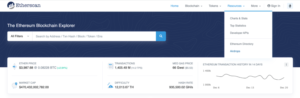 Etherscan Ethereum blockchain explore homepage airdops button