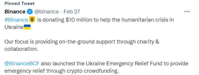 Binance tweet humanitarian crisis ukraine russian users cryptocurrency  $10 million donation