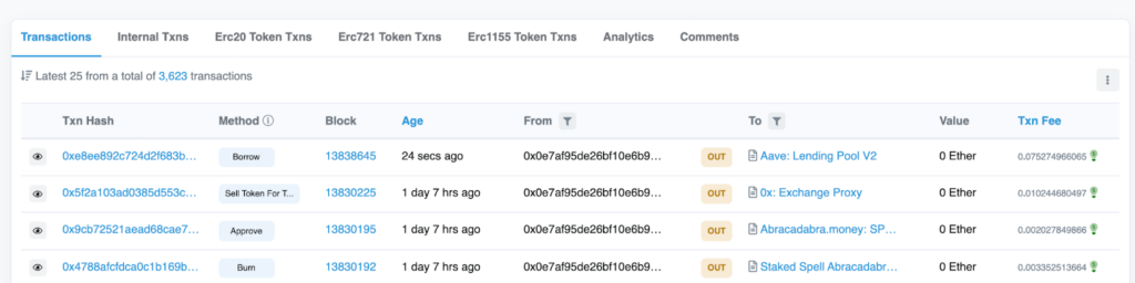 All Etherscan ethereum blockchain transactions for a wallet address shown