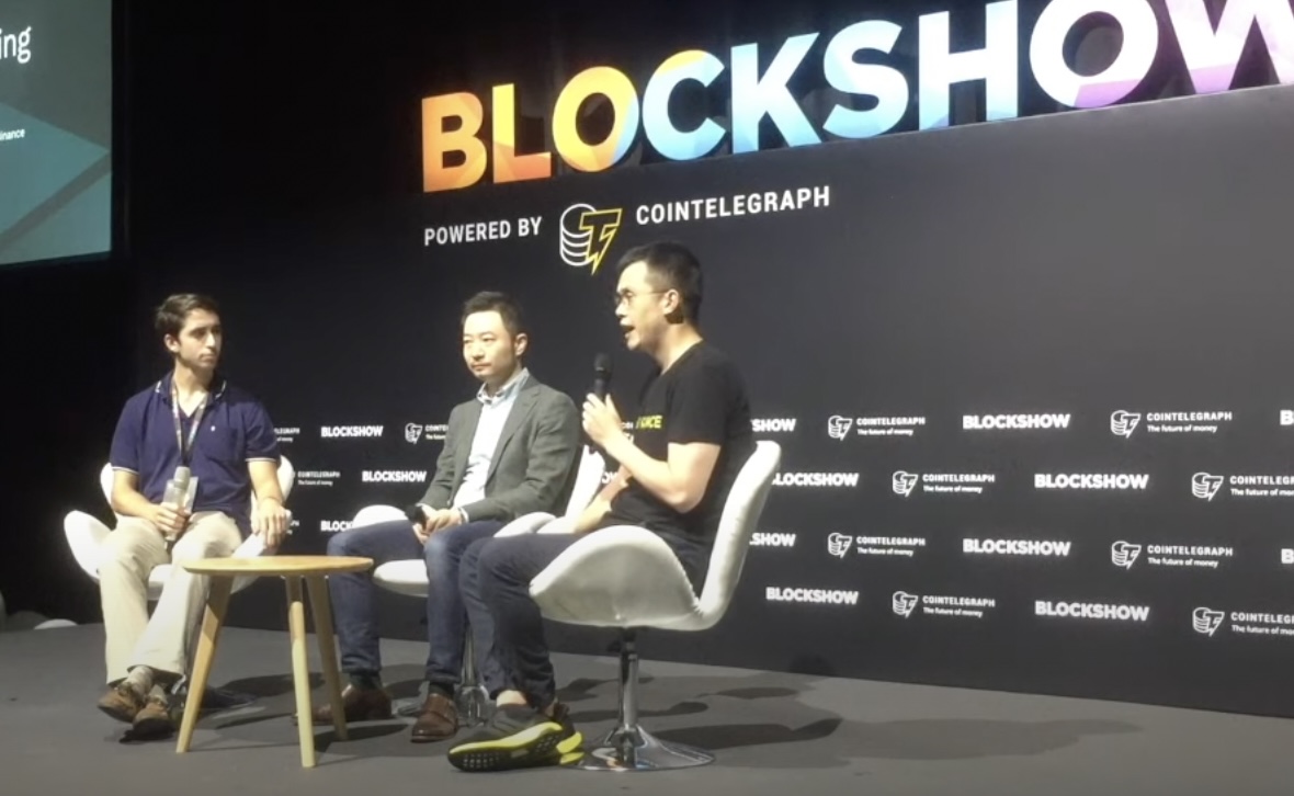 Binance's Changpeng Zhao and Da Hongfei at the Blockshow Asia in 2019