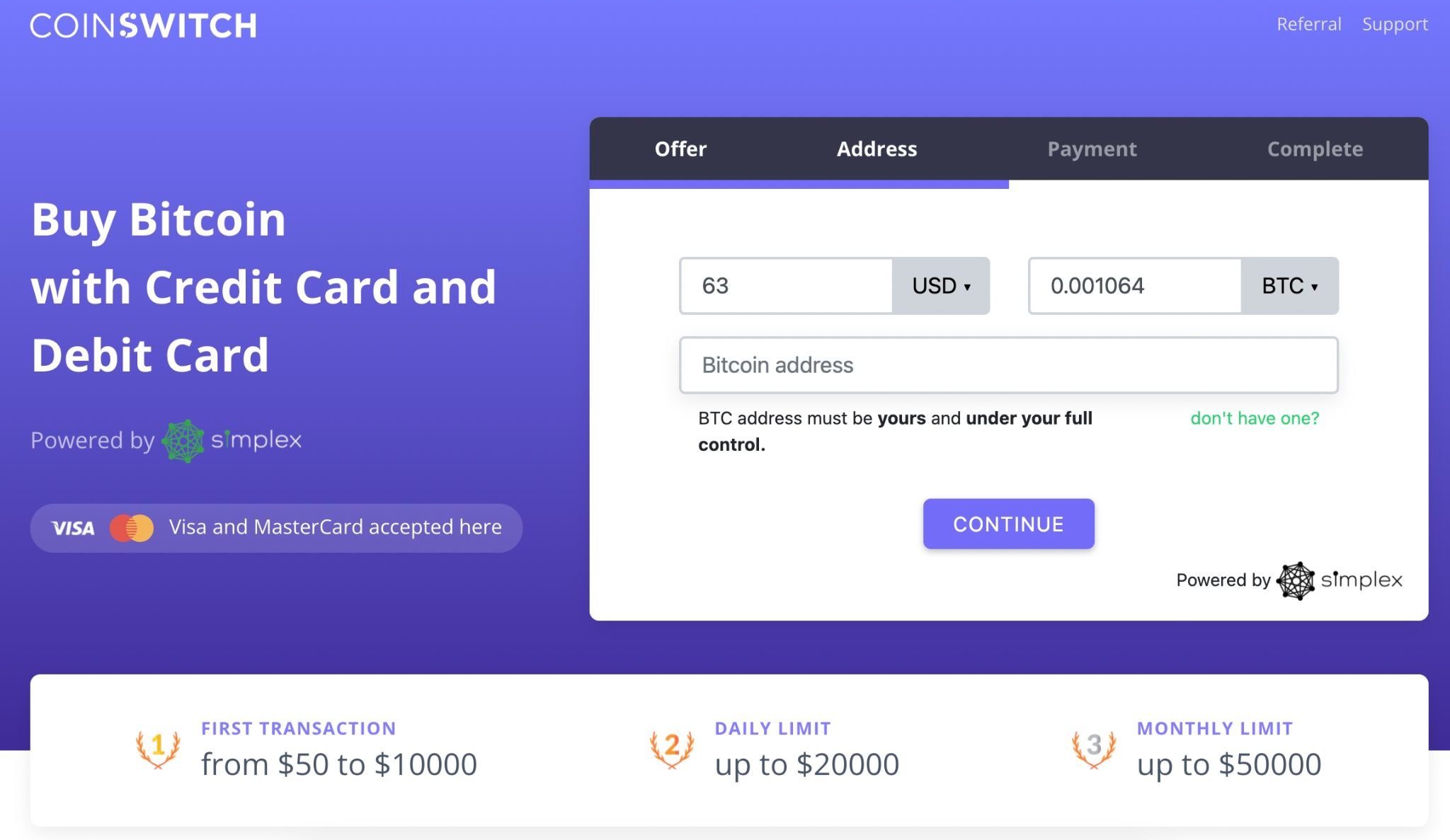 Buy Bitcoin with credit card and debit card on CoinSwitch